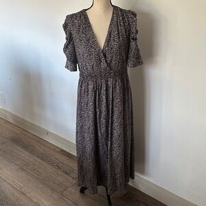 See U Soon Botanical Print Black Purple Grey Orange Patterned Midi Dress Large